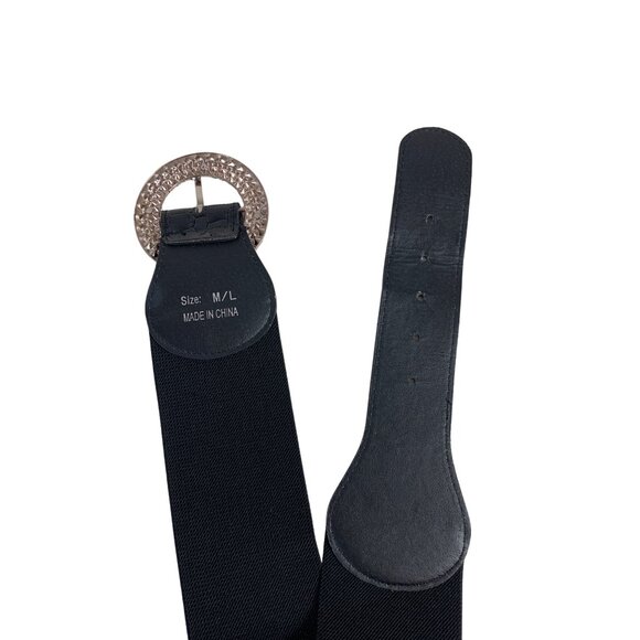 VTG Inspired 80s Black Wide Elastic Belt SZ M/L Rhinestone Buckle Crock Embossed - Picture 7 of 15